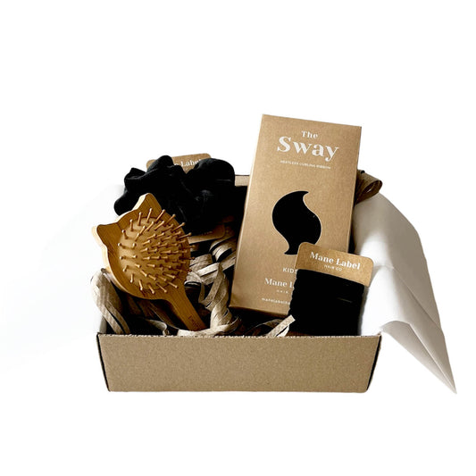 Kids Hair Kit | Kids Sway + FREE Wooden Kitty brush + 2 velour scrunchies + 6 elastics | Made in USA | Cotton velour | Curling ribbon | Black