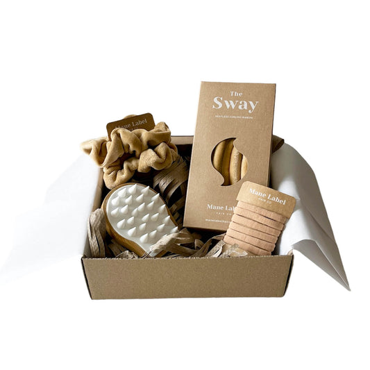 Self Care Hair Bundle | The Sway + Scalp massager + 2 scrunchies + 6 elastics | Made in USA | Cotton velour | Curls | Beachy waves | Camel