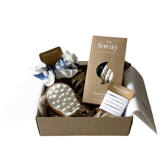 Self Care Hair Bundle | The Sway + Scalp massager + 1 large scrunchie + 6 elastics | Made in USA | Silk| Curls | Beachy waves | Indigo tie dye