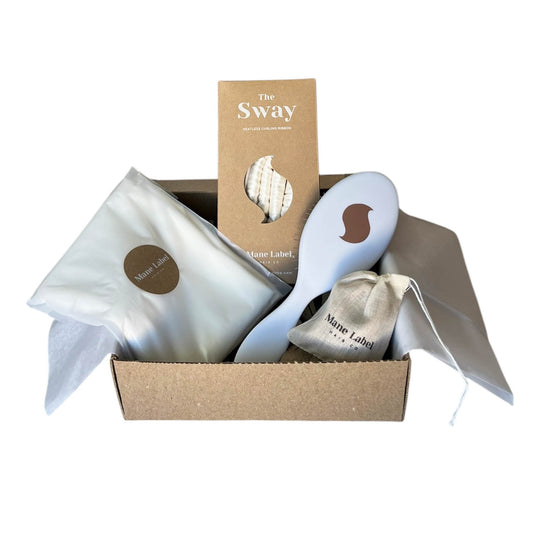 Silky dreams bundle I Sway I Peace silk I pillowcase I MADE IN USA I crulty free I Metal bristles hair brush I 10 beige elastics I Heatless curling ribbon I Curls I Pearl