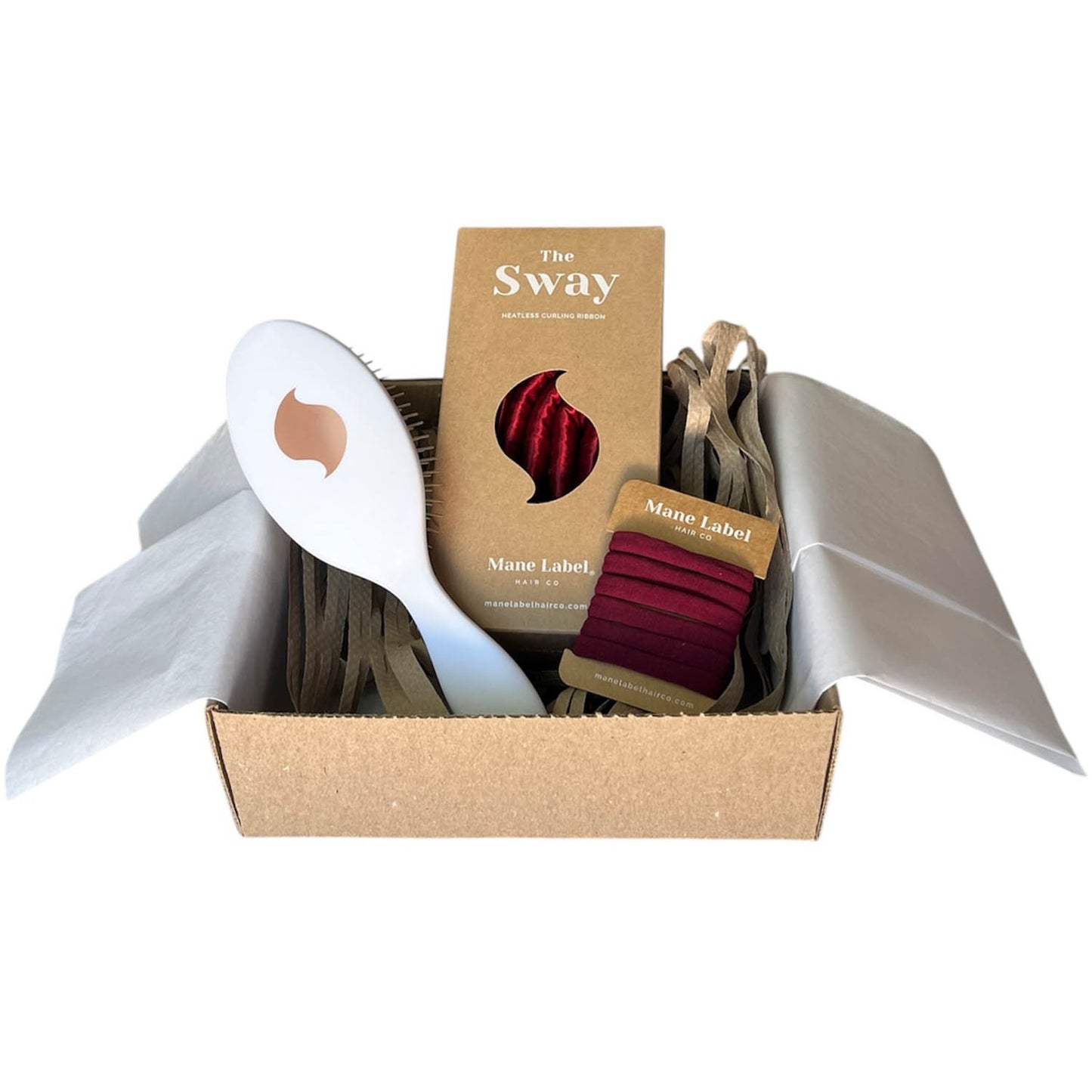 Set I The Sway I Peace silk I Metal bristles hair brush I 6 elastics I Heatless curling ribbon I Made in USA I Frizz free I Curls I Beachy waves I Scarlet