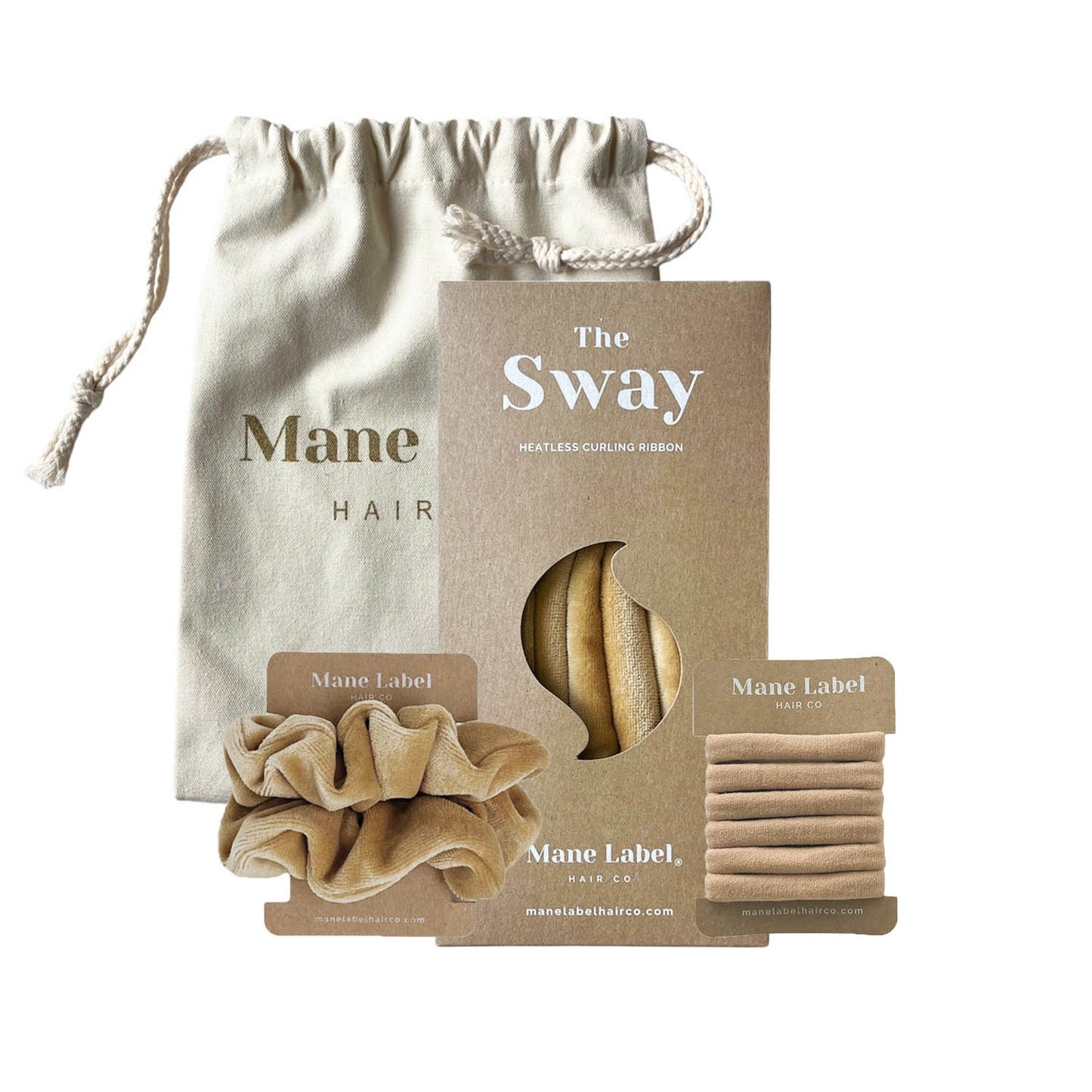 Travel Set | Sway Heatless Curling Ribbon I FREE Travel Pouch | Scrunchies + 6 Hair Ties | Camel