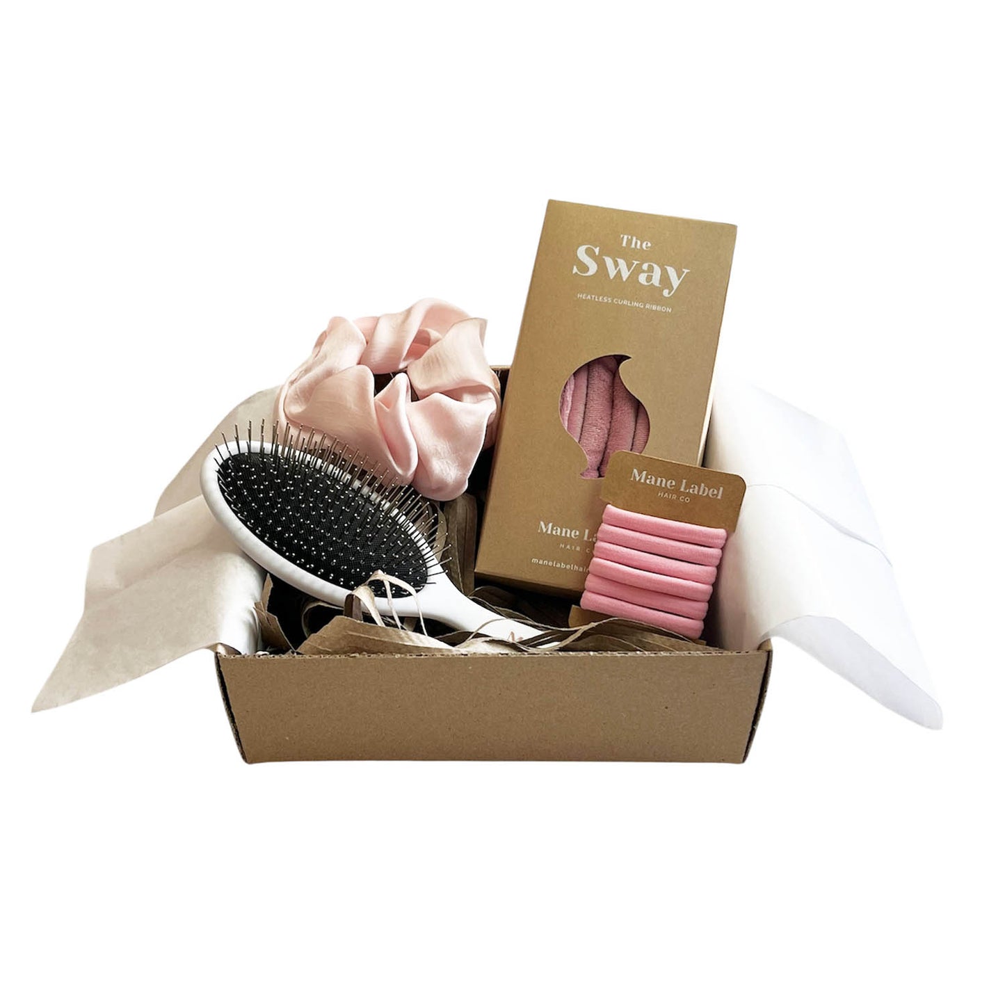 Set I The Sway I Velour sway I Orange peel silk scrunchie I Metal bristles hair brush I 6 elastics I Heatless curling ribbon I Made in USA I Curls I beach waves I Dusty Rose