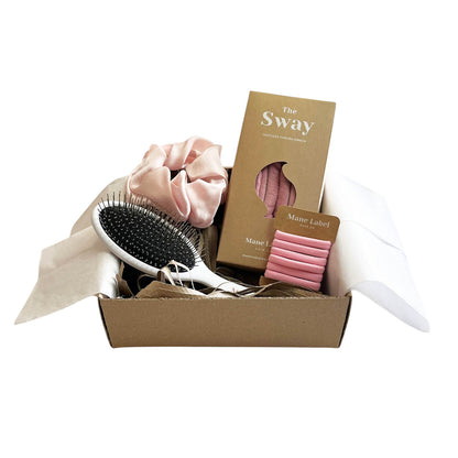 Set I The Sway I Velour sway I Orange peel silk scrunchie I Metal bristles hair brush I 6 elastics I Heatless curling ribbon I Made in USA I Curls I beach waves I Dusty Rose