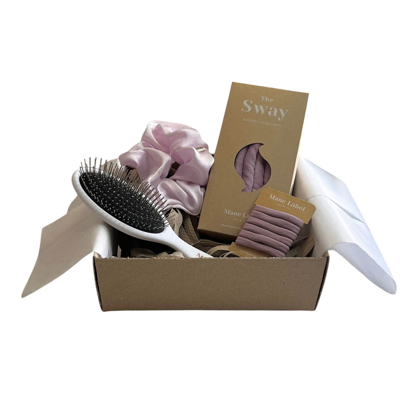 Set I The Sway I Velour sway I Orange peel silk scrunchie I Metal bristles hair brush I 6 elastics I Heatless curling ribbon I Made in USA I Curls I beach waves I Lilac