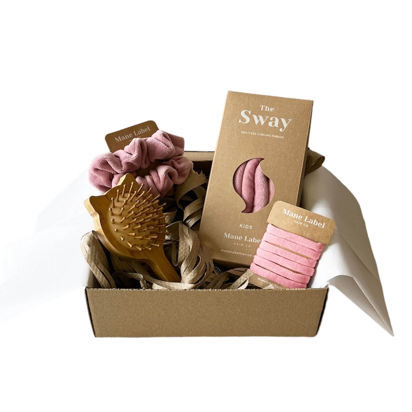 Kids Hair Kit | Kids Sway + FREE Wooden Kitty brush + 2 velour scrunchies + 6 elastics | Made in USA | Cotton velour | Curling ribbon | Dusty Rose