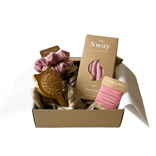 Kids Hair Kit | Kids Sway + FREE Wooden Kitty brush + 2 velour scrunchies + 6 elastics | Made in USA | Cotton velour | Curling ribbon | Dusty Rose