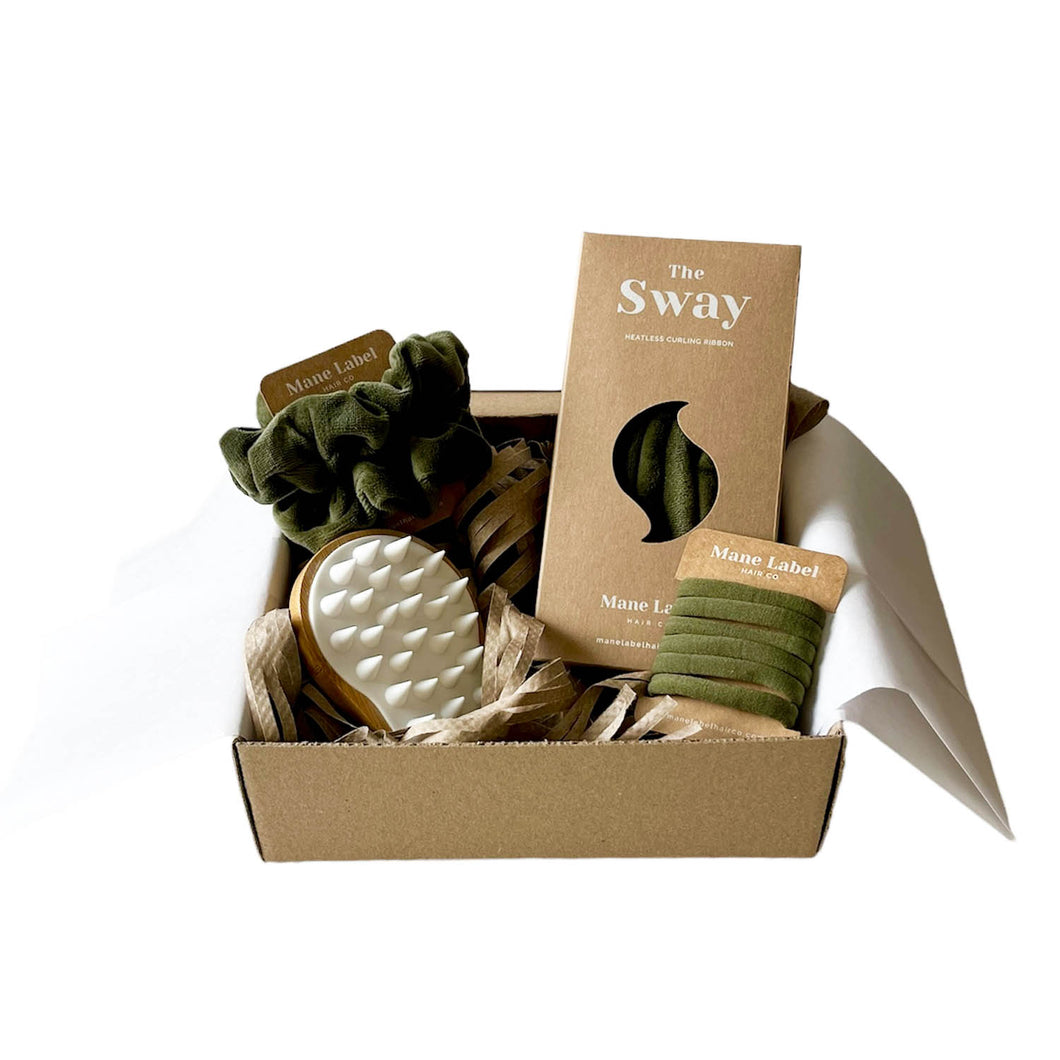 Mega Set | The Sway + Scalp massager + 2 scrunchies + 6 elastics | Made in USA | Cotton velour | Curls | Beachy waves | Olive Green