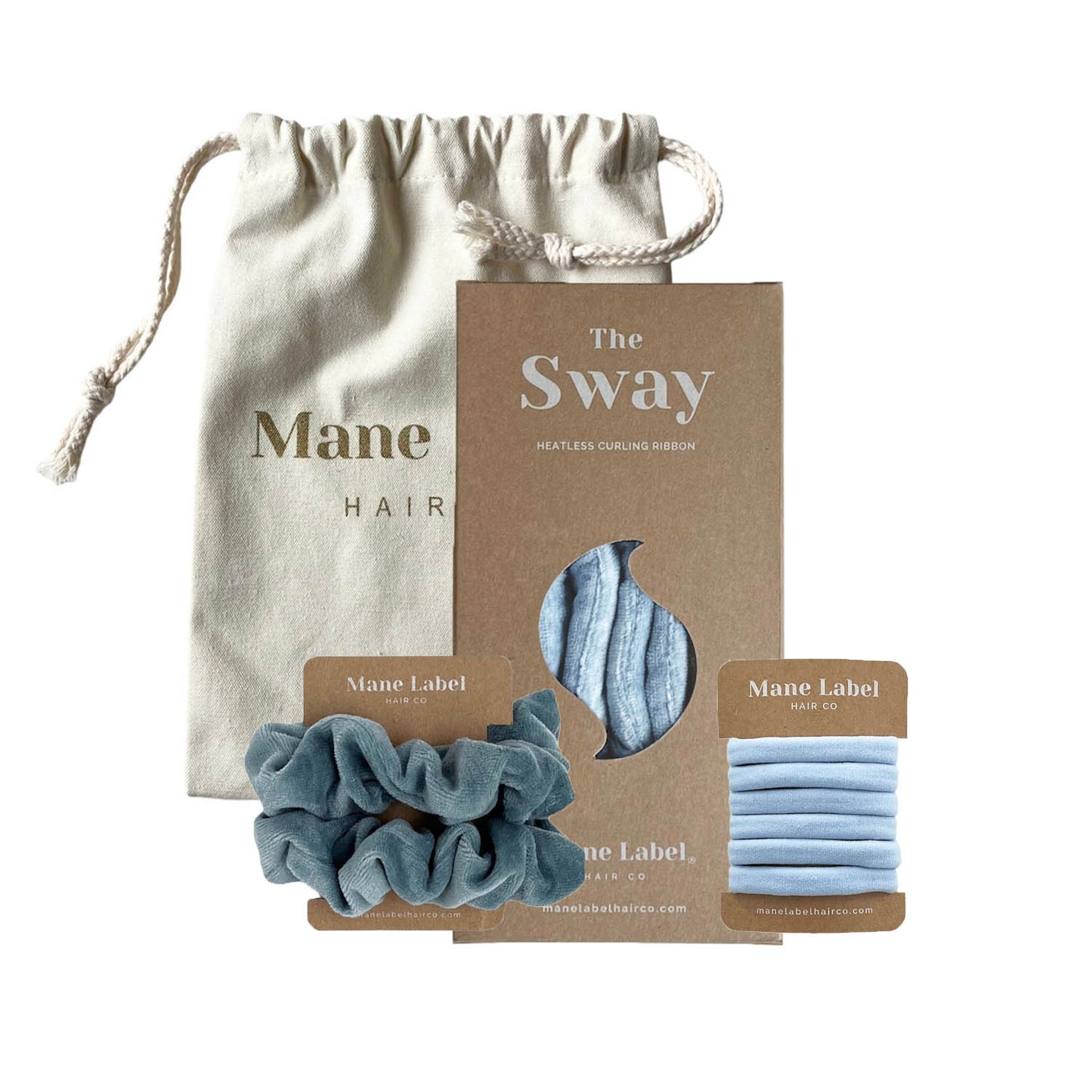Travel Set | Sway Heatless Curling Ribbon I FREE Travel Pouch | Scrunchies + 6 Hair Ties | Sky blue & Jade