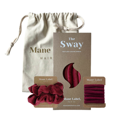 Travel Set | Sway Heatless Curling Ribbon I FREE Travel Pouch | Scrunchies + 6 Hair Ties | Wine